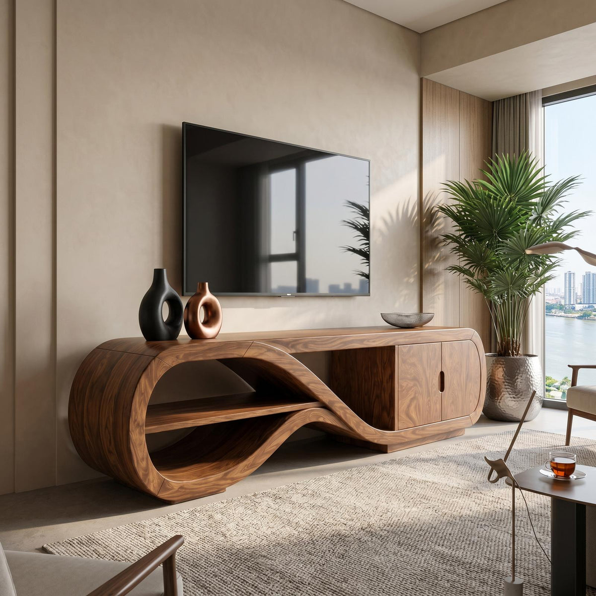 Organic Curved TV Cabinet Contemporary Living Room