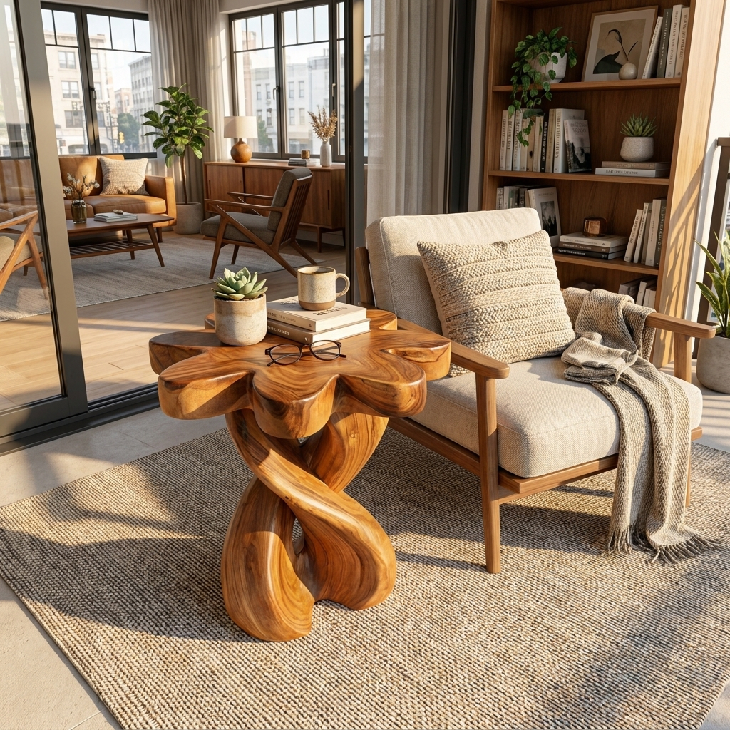 Wooden Nightstand With Twisted Base And Flower-shaped Tabletop For Bedroom RTTHTTNS025