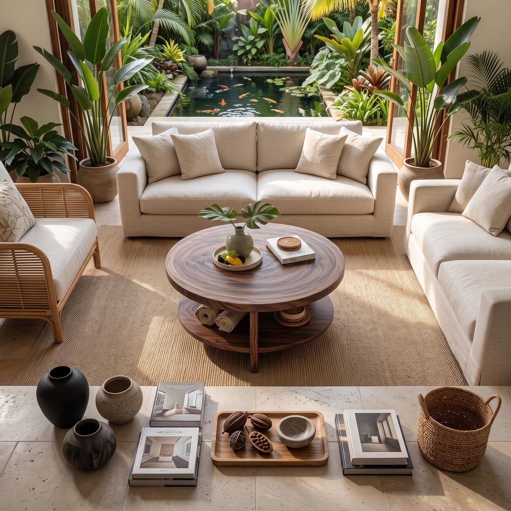 Tropical Round Wooden Coffee Table with Storage Shelf, Coastal Style Lounge Center Table, Model