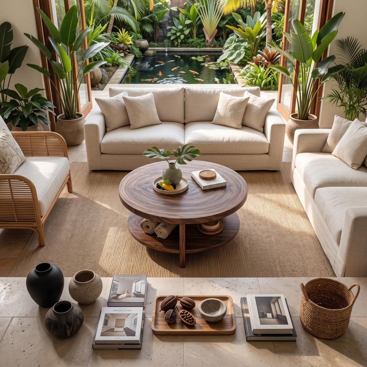 Tropical Round Wooden Coffee Table with Storage Shelf, Coastal Style Lounge Center Table, Model