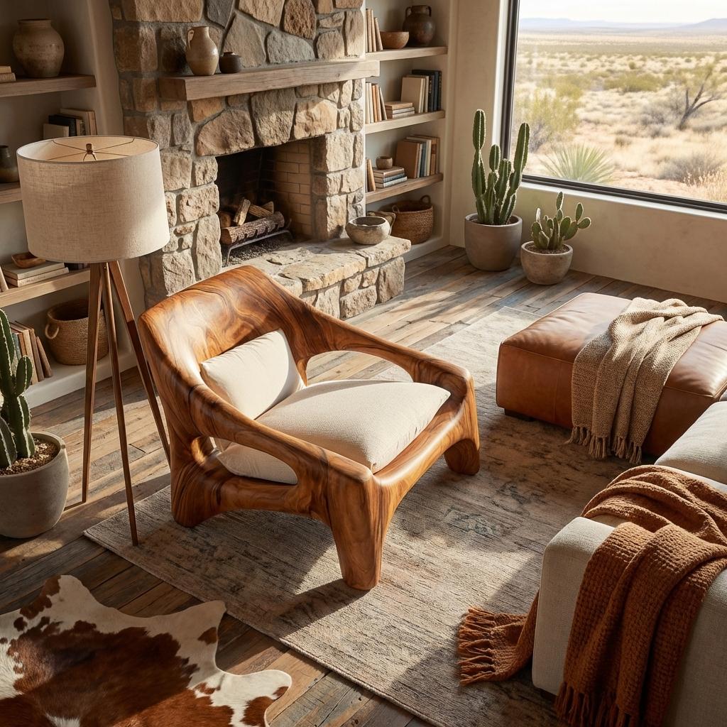 Contemporary Sculptural Wooden Chair, Handcrafted Solid Wood Outdoor Patio & Front Porch Accent Armchair