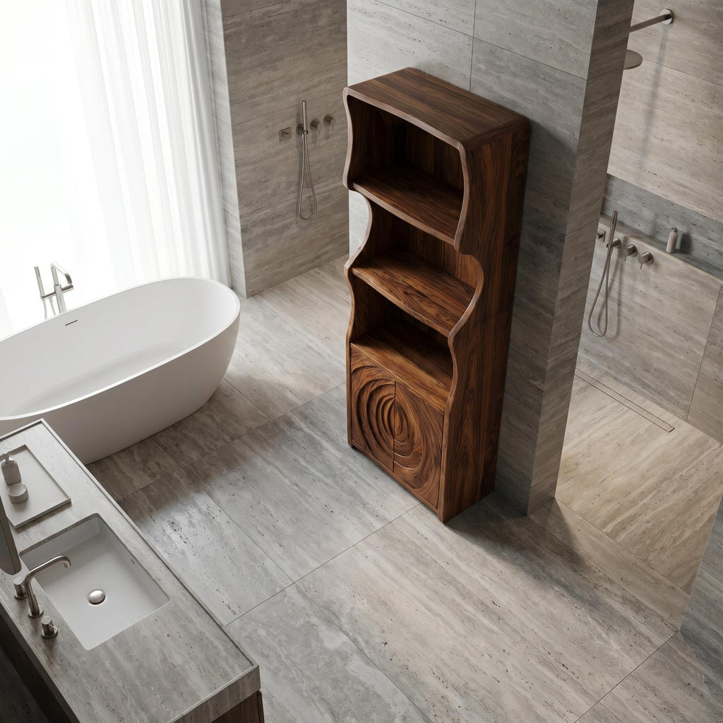 Contemporary Minimalist Bathroom Cabinet, Curved Shelves & Wooden Door Standing Storage Unit
