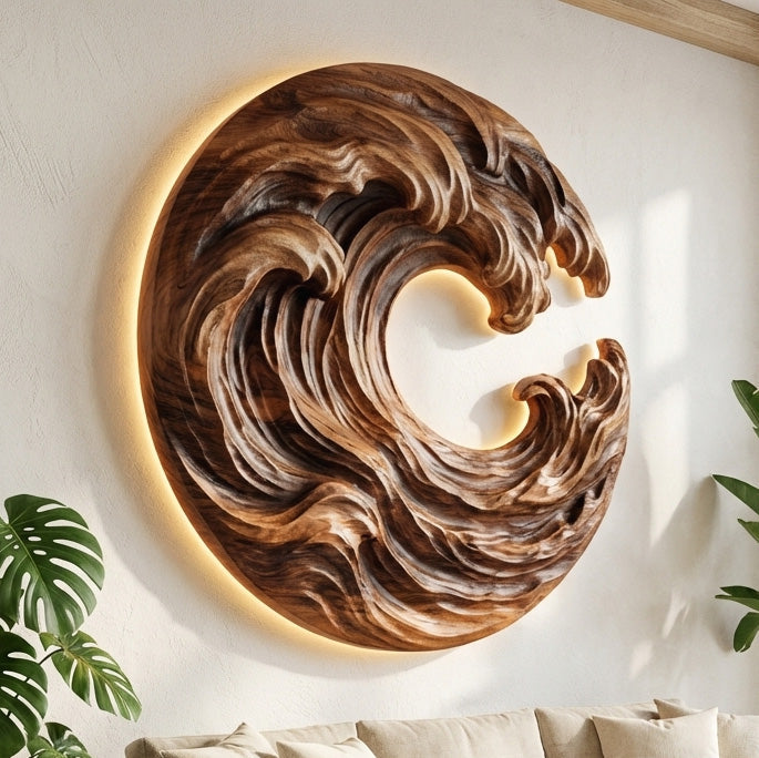 Organic Wooden Wave Wall Art, 3D Hand-Carved Ocean Wave Wood Wall Sculpture Panel for Coastal Living Room