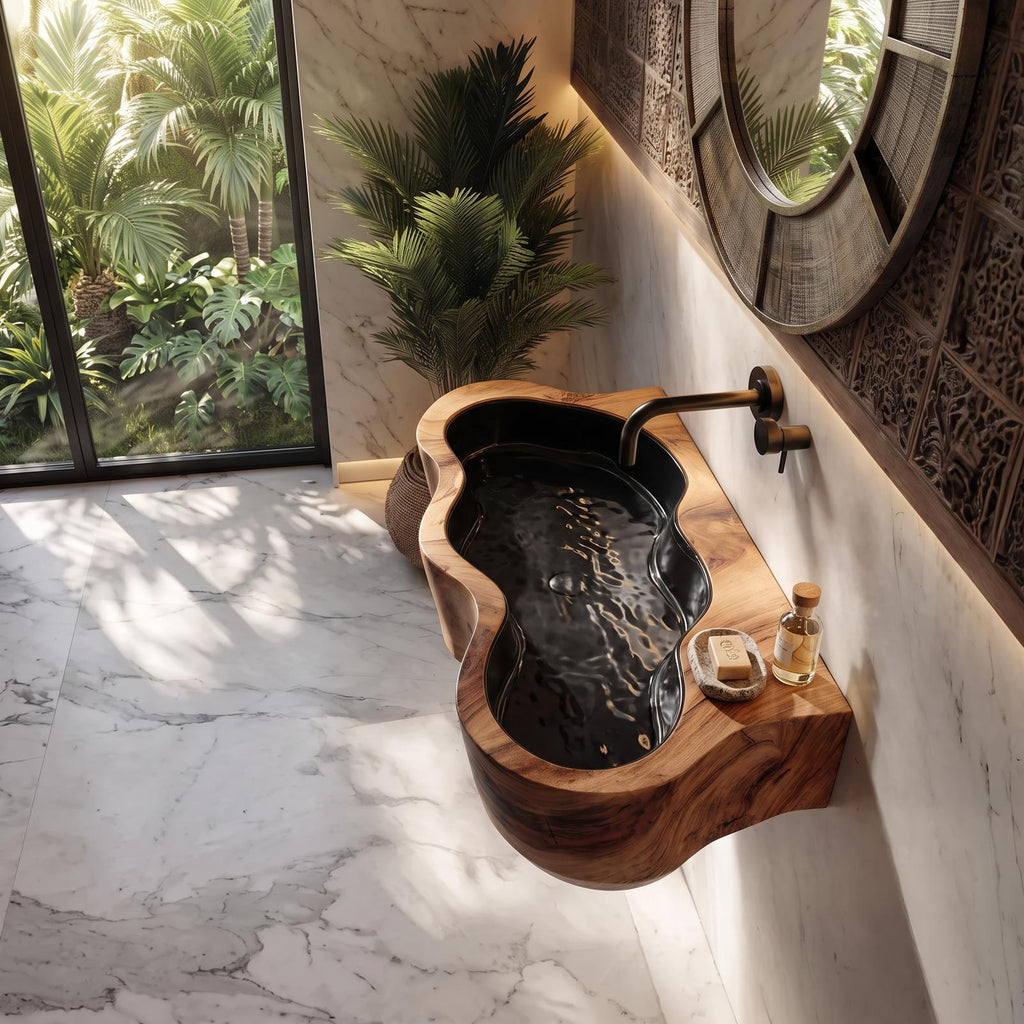 Modern Live Edge Wooden Vessel Sink, Contemporary Solid Wood Bathroom Wash Basin for Vanity Top