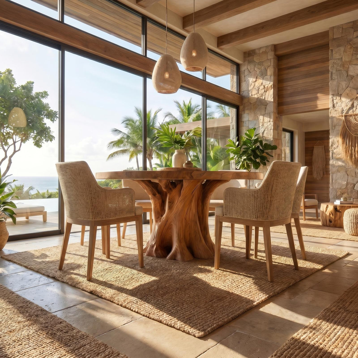 Rustic Round Dining Table With Solid Wood Sculptural Base For Dining Room