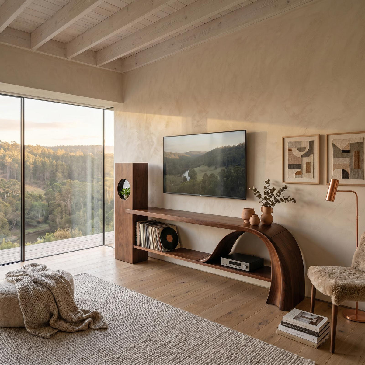 Minimalist Organic TV Stand, Wooden Media Console Cabinet & Living Room Entertainment Center