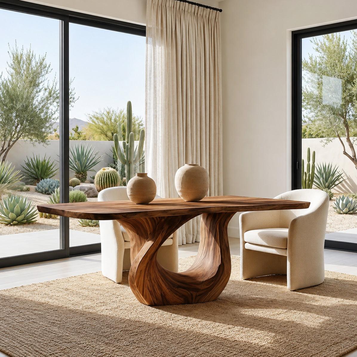 Spry Interior Modern Solid Wood Dining Table with Sculptural Pedestal Base, Large Kitchen & Dining Room Table, Natural Finish, RTTHHNDN046