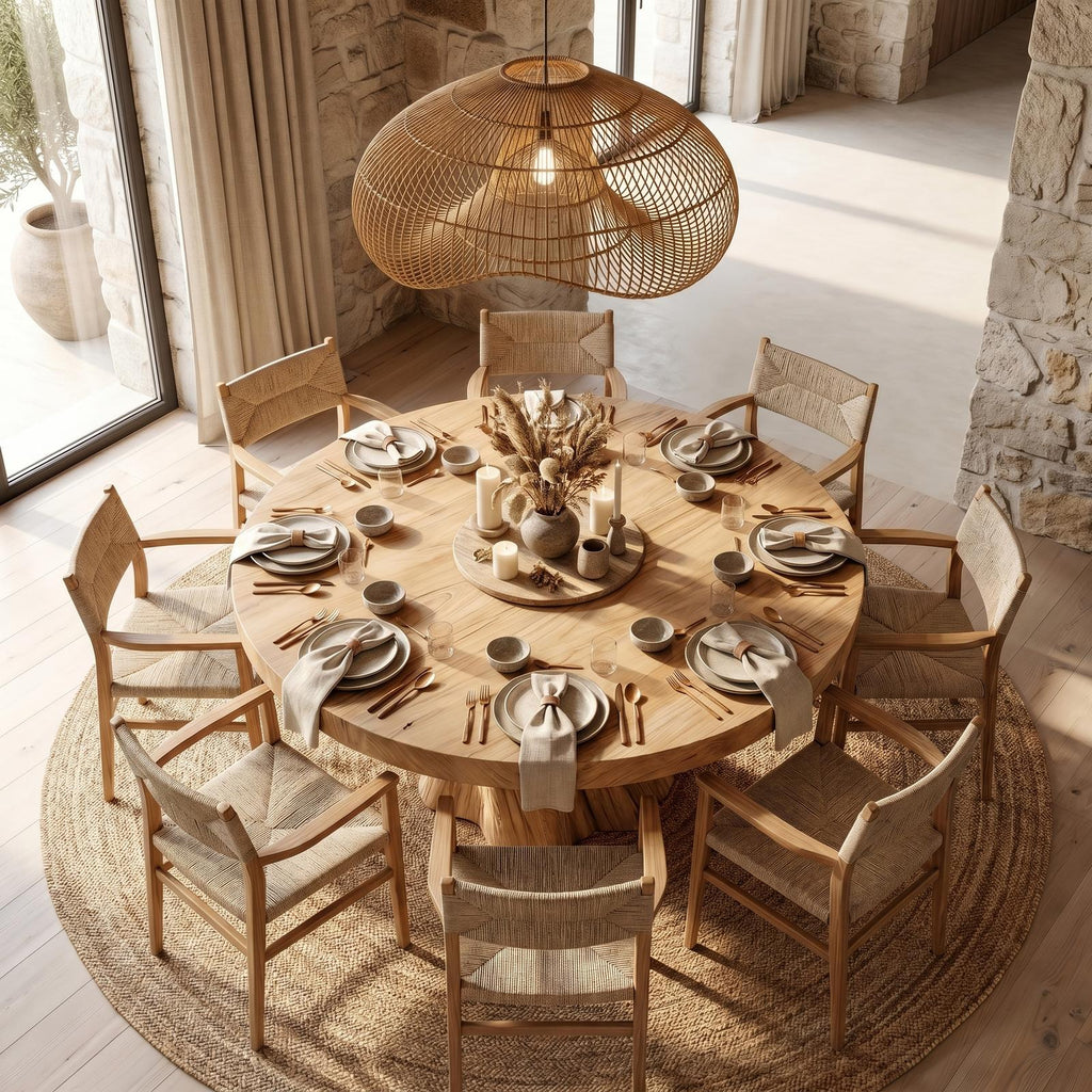 Spry Interior Rustic Modern Round Dining Table, Sculptural Solid Wood Base Kitchen & Dining Room Statement Table, SINLSADT179