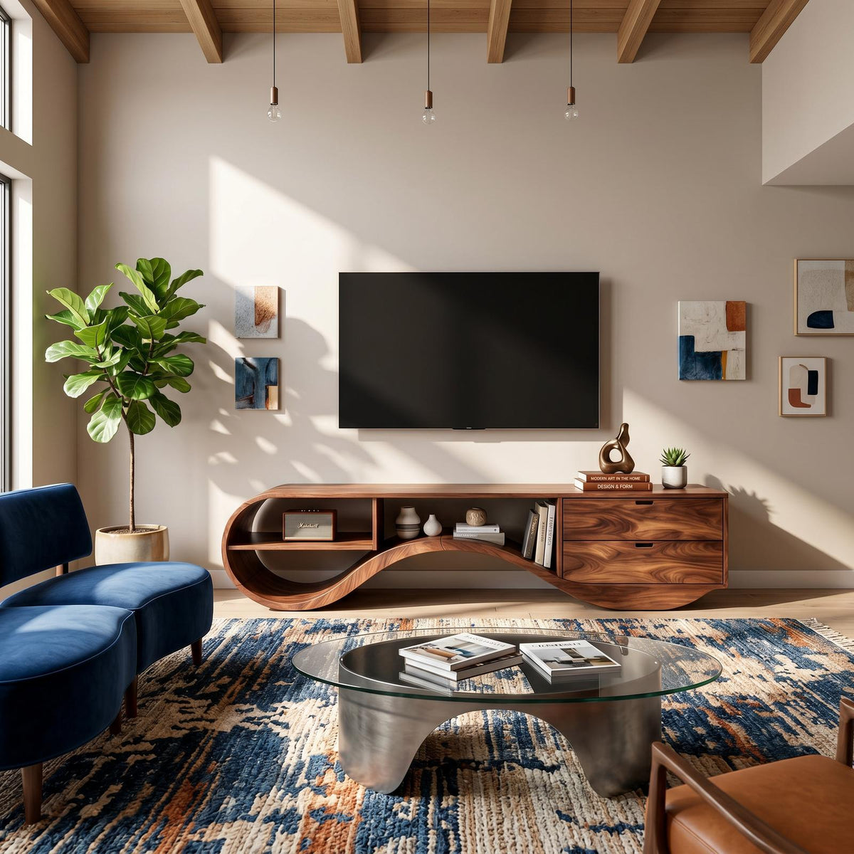 Minimalist Organic Wood TV Console, Mid-Century Modern Media Stand & Entertainment Center for Home Theater