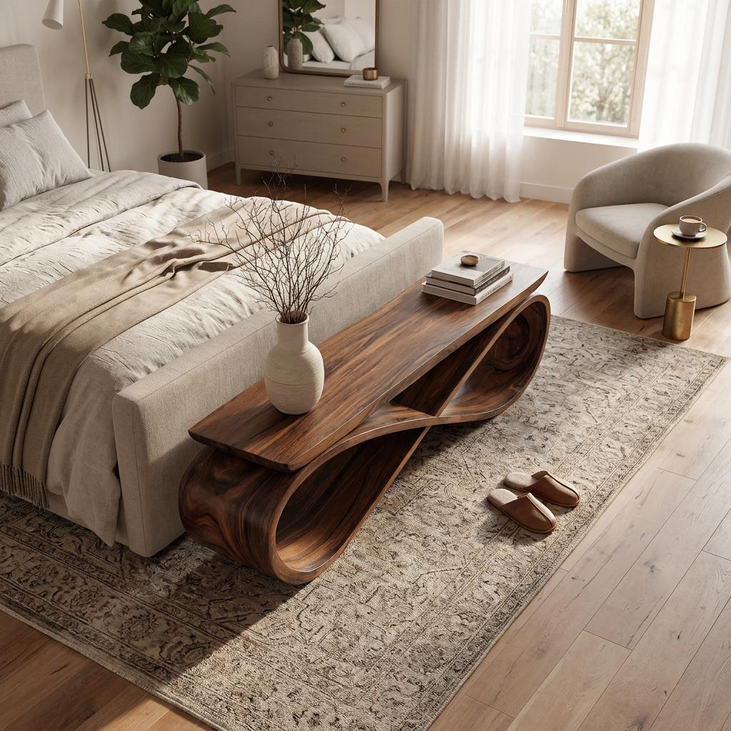 Infinity Loop Sculptural Bench, Contemporary Handcrafted Solid Wood Curved Bench Seat for Entryway & Living Room