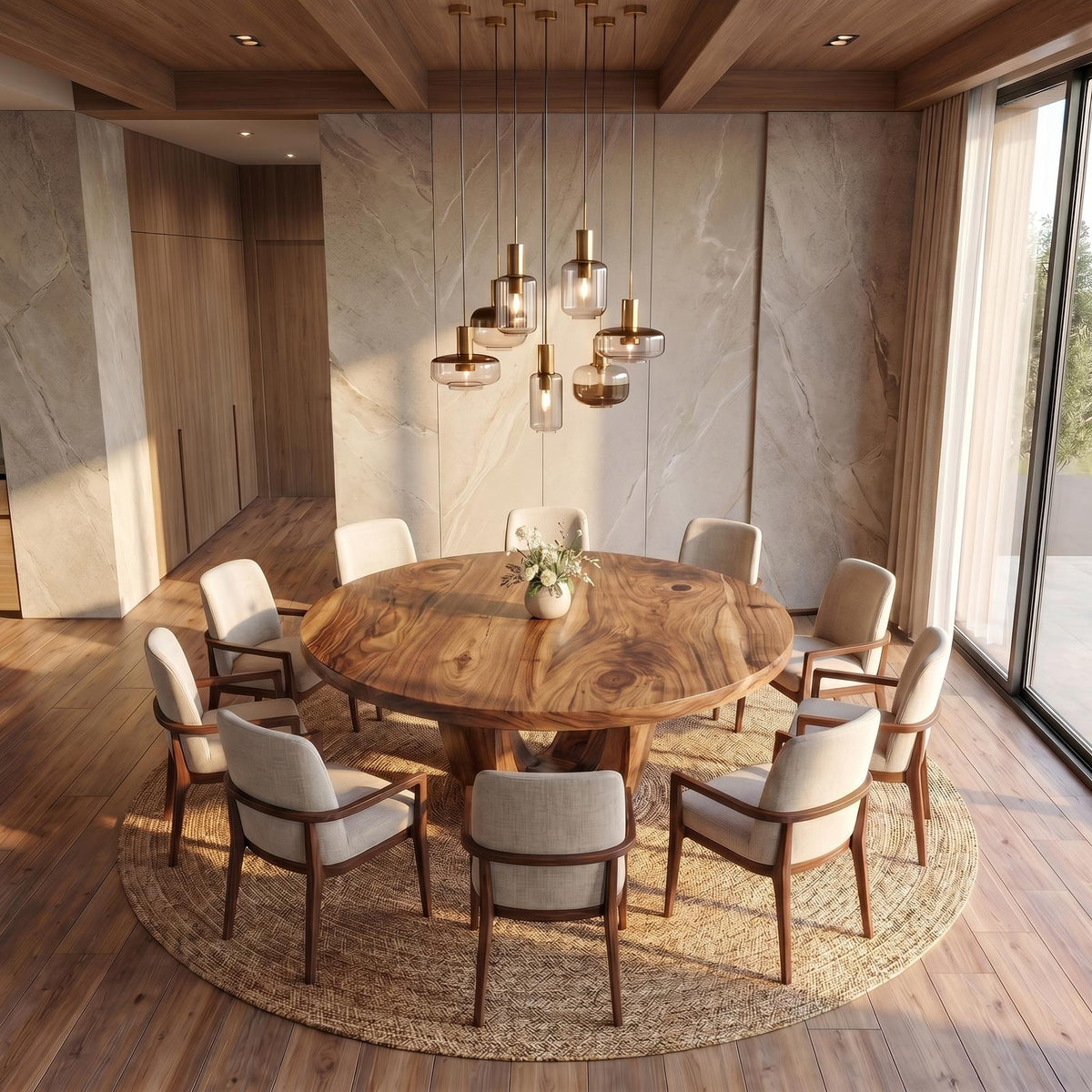 Modern Round Dining Table with Sculptural Wood Base, Handcrafted Solid Wood Kitchen Dining Room Table