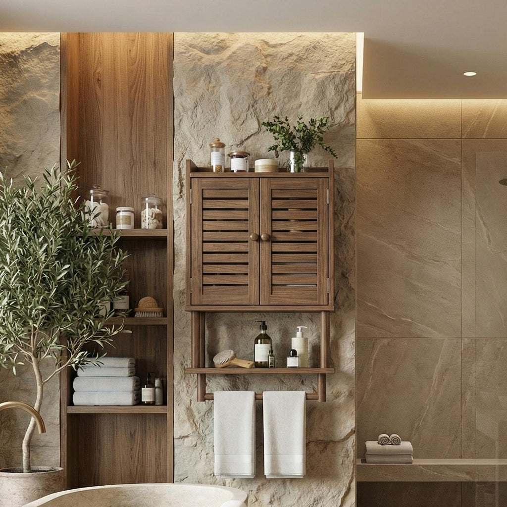 Solid Wood Bathroom Cabinet, Rustic Wall-Mounted Storage Organizer Cupboard for Bathroom Space