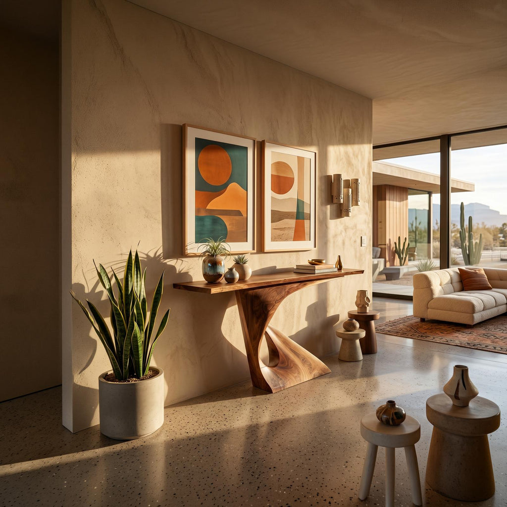 Mid Century Raw Edge Entry Table For Luxury Suite Interior