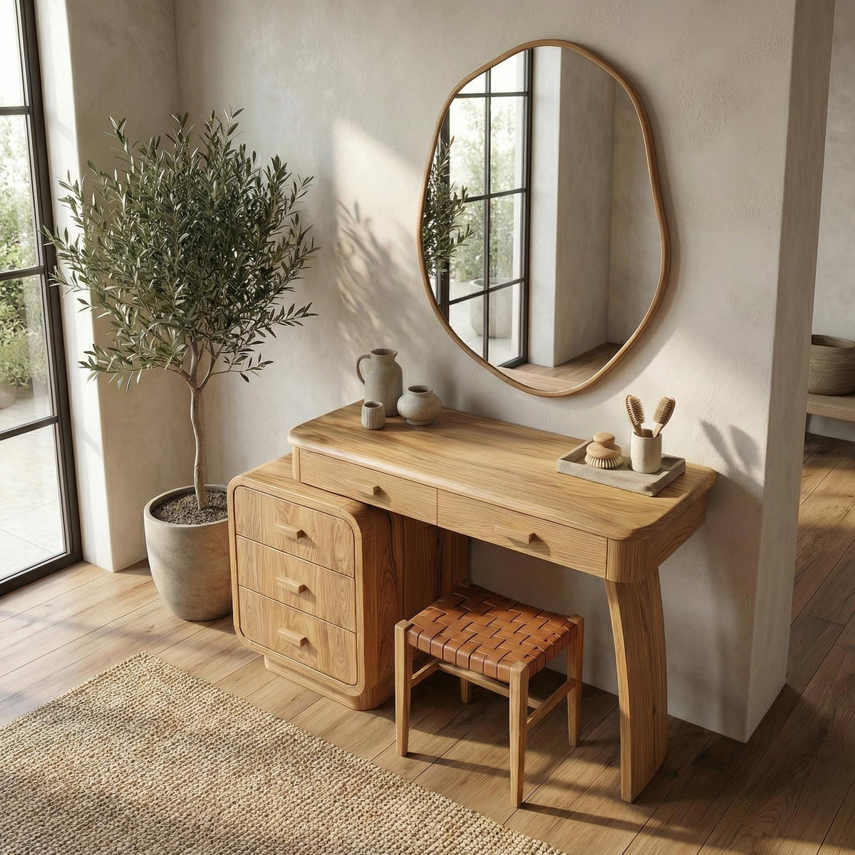 Spry Interior Minimalist Vanity Dressing Table with Storage Cabinet, Solid Wood Curved Sculptural Bedroom Makeup Desk, SINLSABDT054