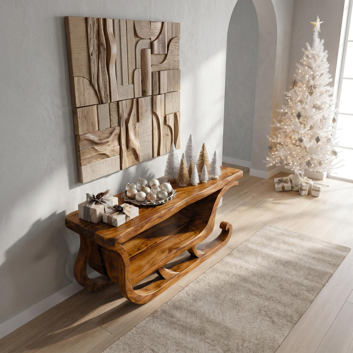 Organic Modern Console Table With Christmas Sleigh Inspired Design For Entryway And Living Room SINLSACS681