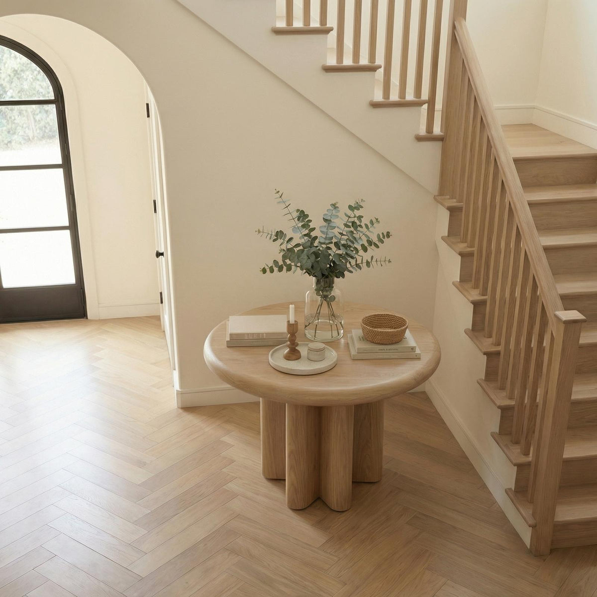 Modern Minimalist Round Entryway Foyer Table, Solid Wood Hallway Center Table for Home Decor