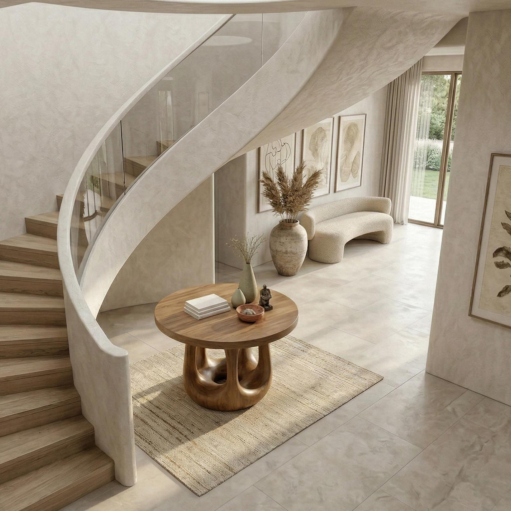 Modern Sculptural Foyer Table, Solid Wood Entryway Table, Geometric Pedestal Accent for Living Room