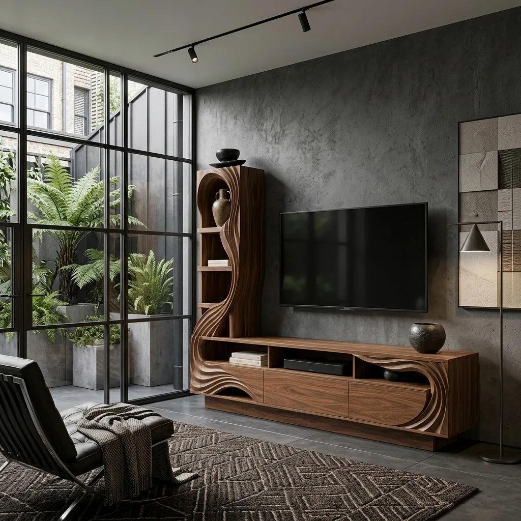 Modern Sculptural Wooden TV Console With Storage For Living Room