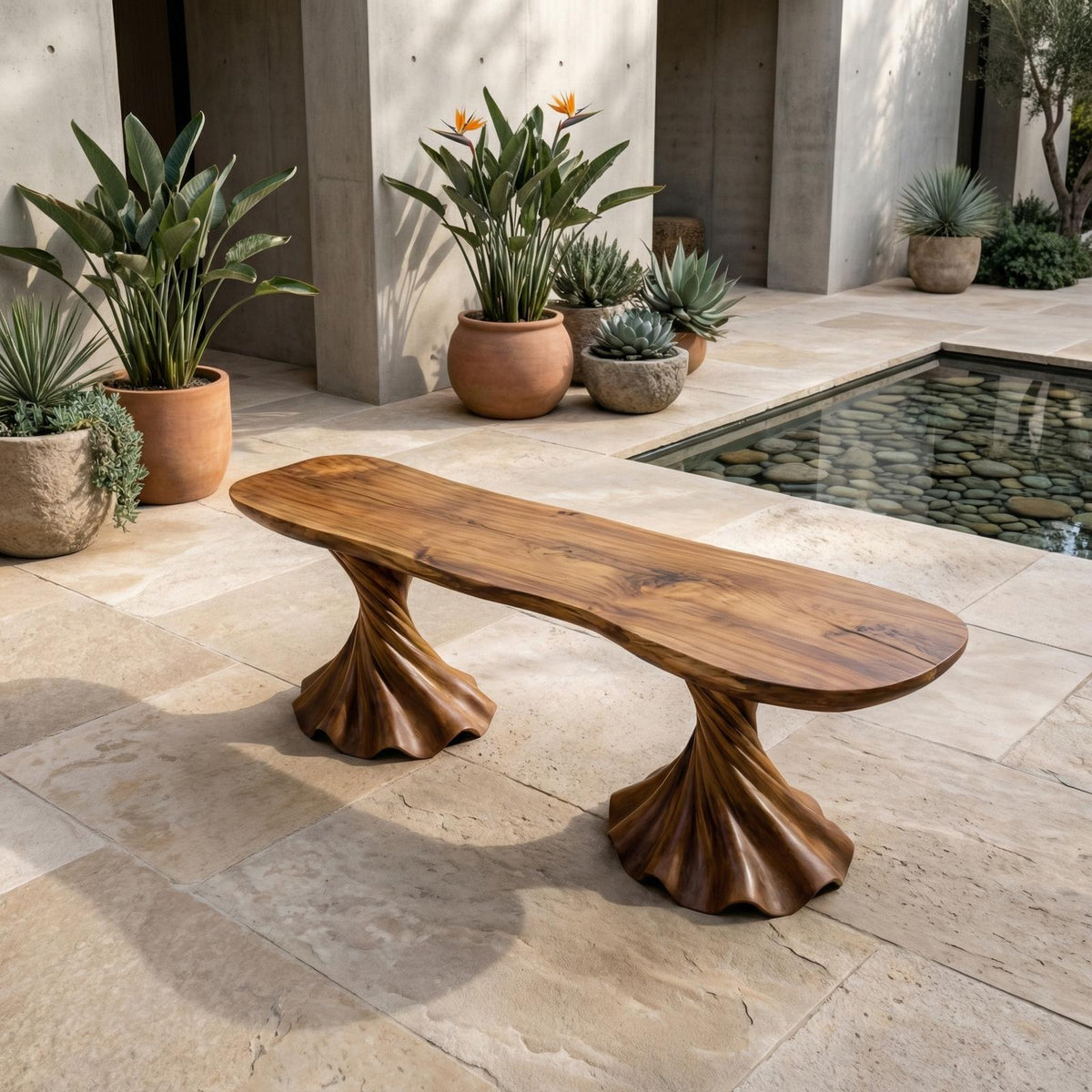 Spry Interior Rustic Bench, Solid Wood Twisted Spiral Pedestal Base Seating, Modern Entryway & Hallway Accent Bench, SINLHARS094