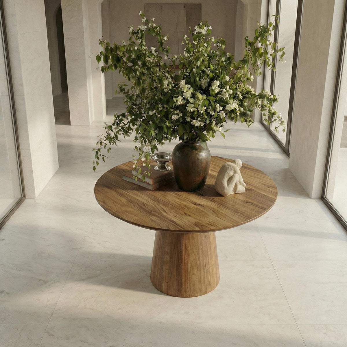 Minimalist Round Entryway Table, Solid Wood Modern Foyer & Hallway Accent Pedestal Table