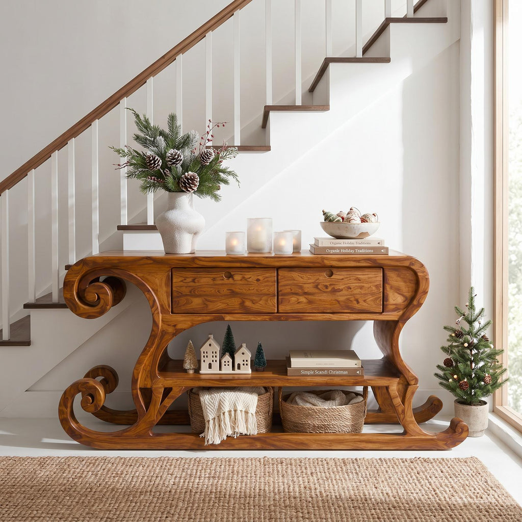 Rustic Christmas Console Table With Sleigh Inspired Scroll Design For Entryway SINLSACS684