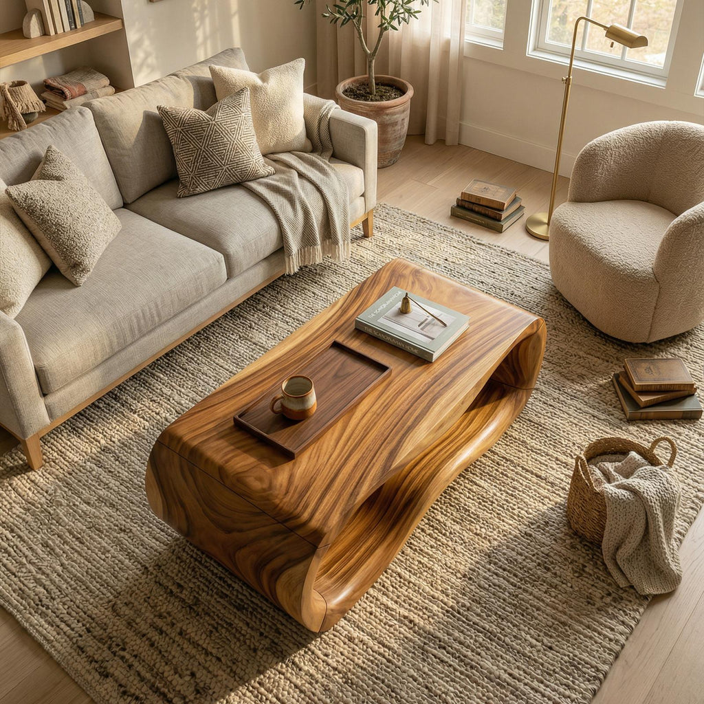 Luxury Sculptural Wood Coffee Table, Solid Wood Contemporary Accent Center Table for Designer Villa and Living Room