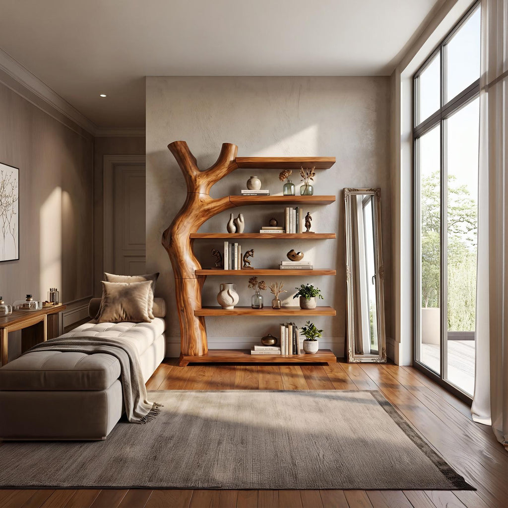 Modern Artistic Bookshelf, Unique Wood Display Organizer Unit, Books & Decorative Shelving for Living Room Office
