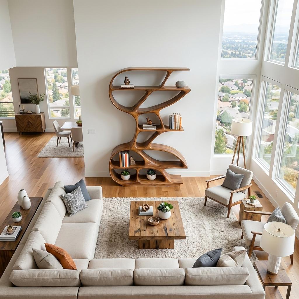 Wooden Bookshelf with Unique Sculptural Design, Handcrafted Solid Wood Bookcase for Modern Living Room & Office