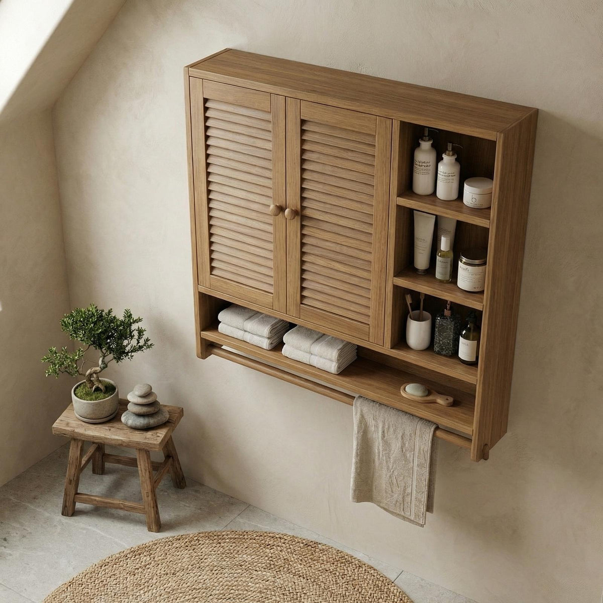 Rustic Bathroom Cabinet, Solid Wood Wall-Mounted Storage Organizer Cupboard for Bathroom