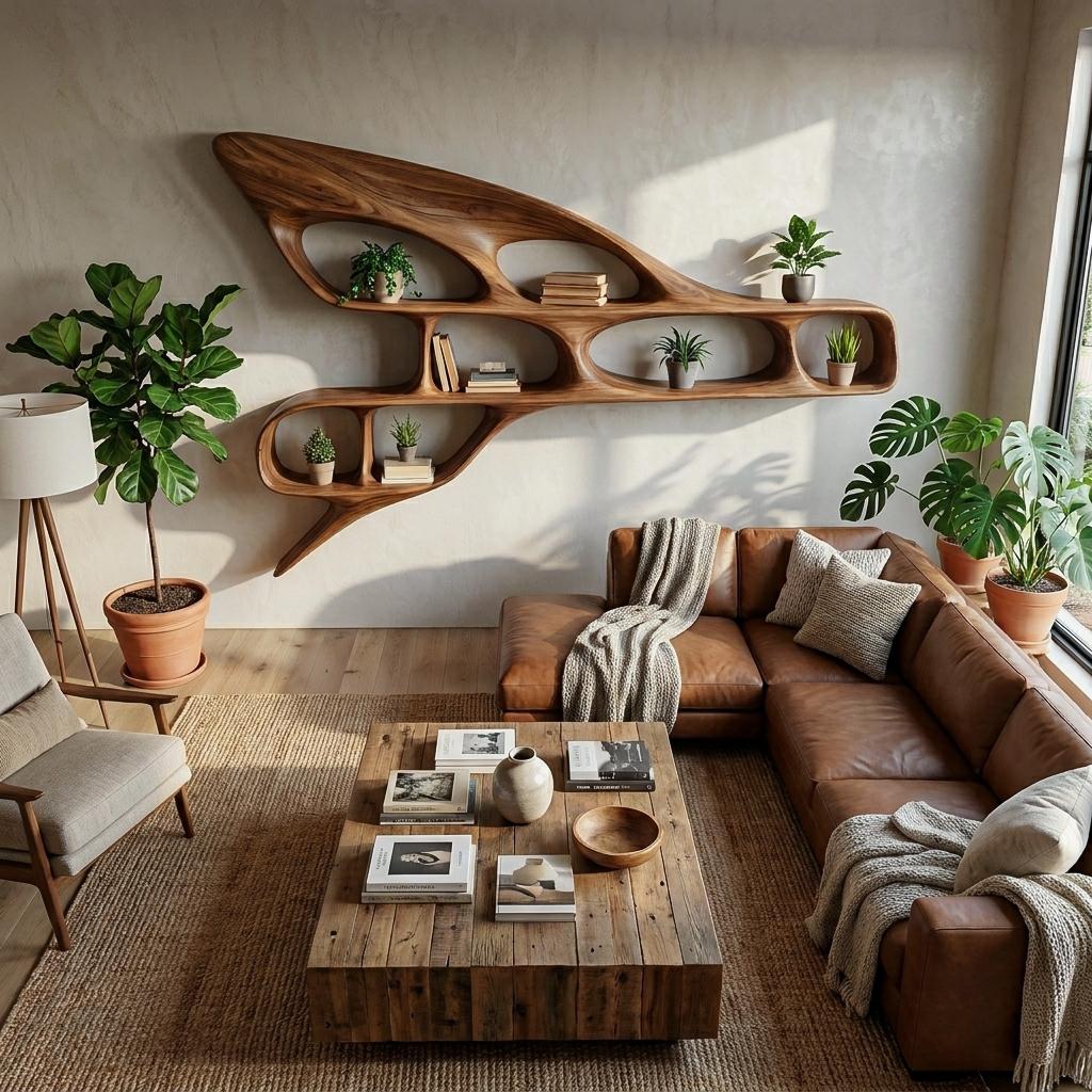 Organic Wooden Wall Bookshelf, Handcrafted Floating Wood Shelf Unit for Luxury Living Room & Office Interior