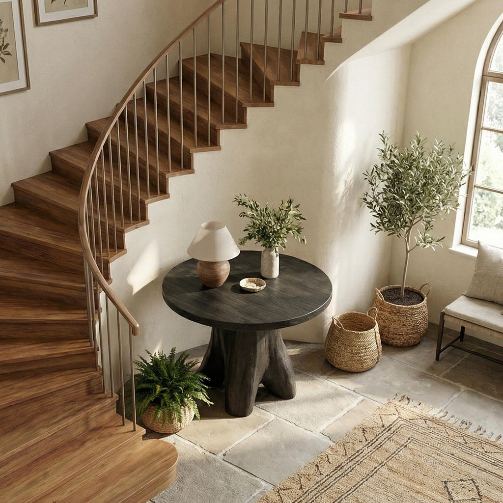 Modern Sculptural Foyer Table, Solid Wood Pedestal Entryway Accent Table for Living Room