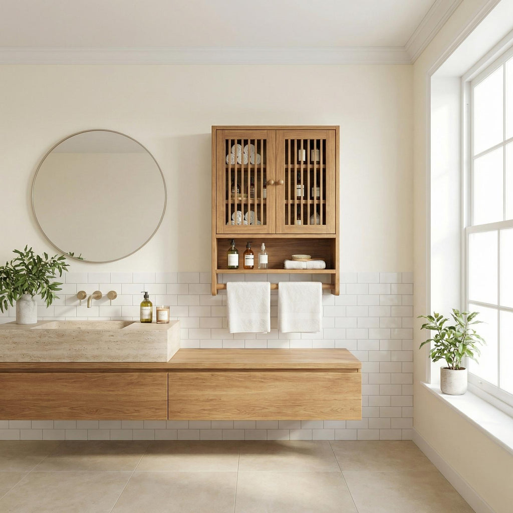 Bathroom Cabinet with Shelves, Solid Wood Wall Storage Organizer Cupboard for Bathroom Space
