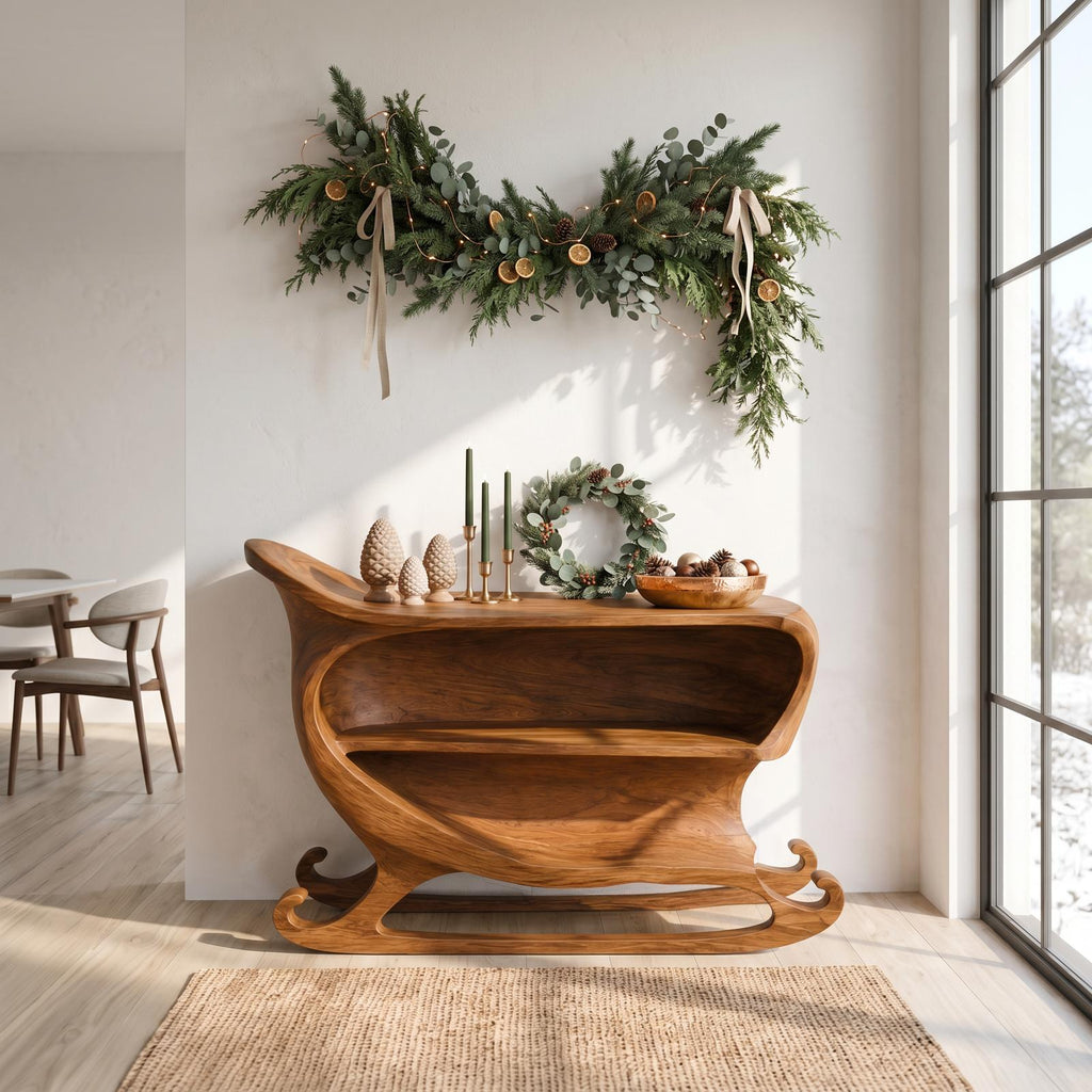 Farmhouse Christmas Console Table With Sleigh Inspired Scroll Design For Entryway And Living Room