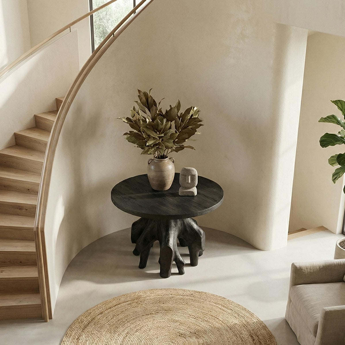 Organic Sculptural Foyer Table, Solid Wood Round Entryway Accent Table for Living Room