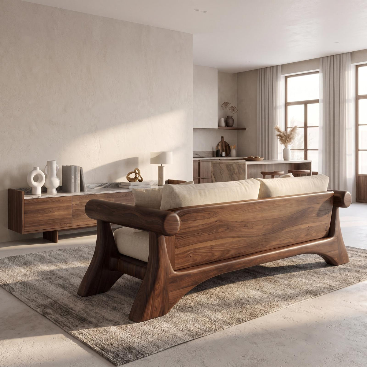 Minimalist Sofa Frame With Curved Solid Wood Arms For Living Room