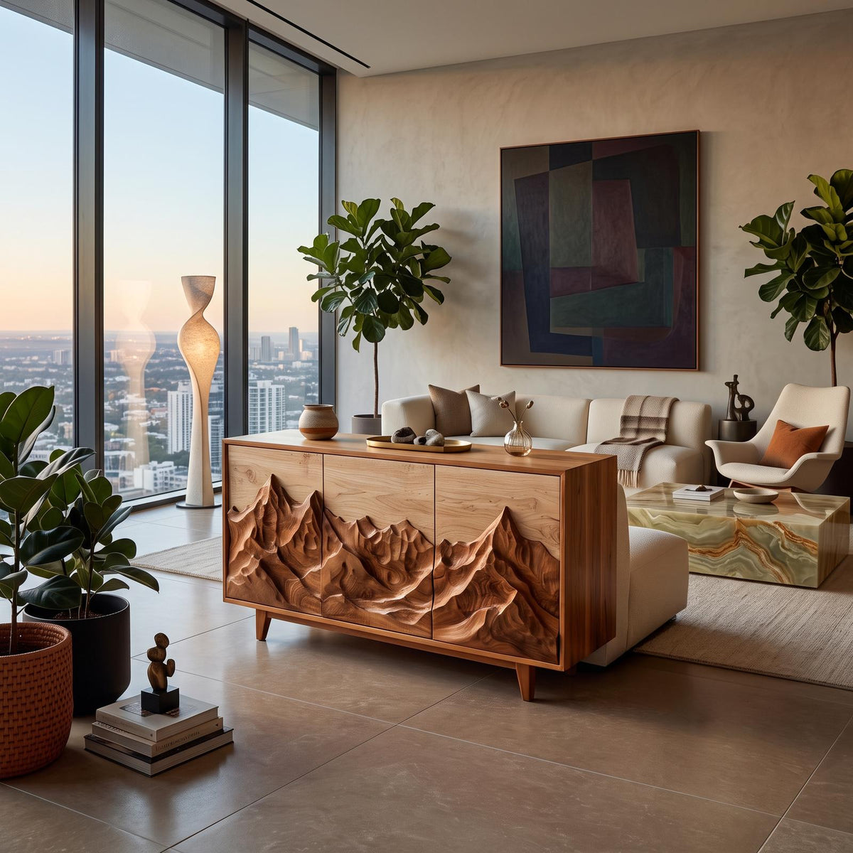 Modern Wood Sideboard With Mountain Relief For Home Interior RTTHTTSD045