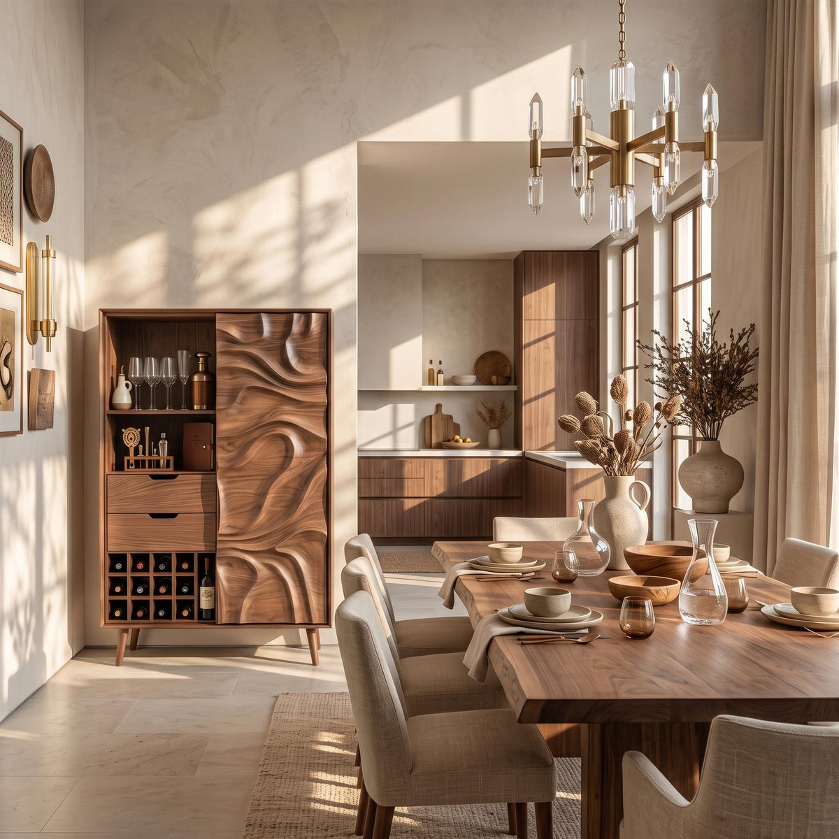 Sculptural Bar Cabinet With Wave Carved Doors For Kitchen SITHTTBCA016