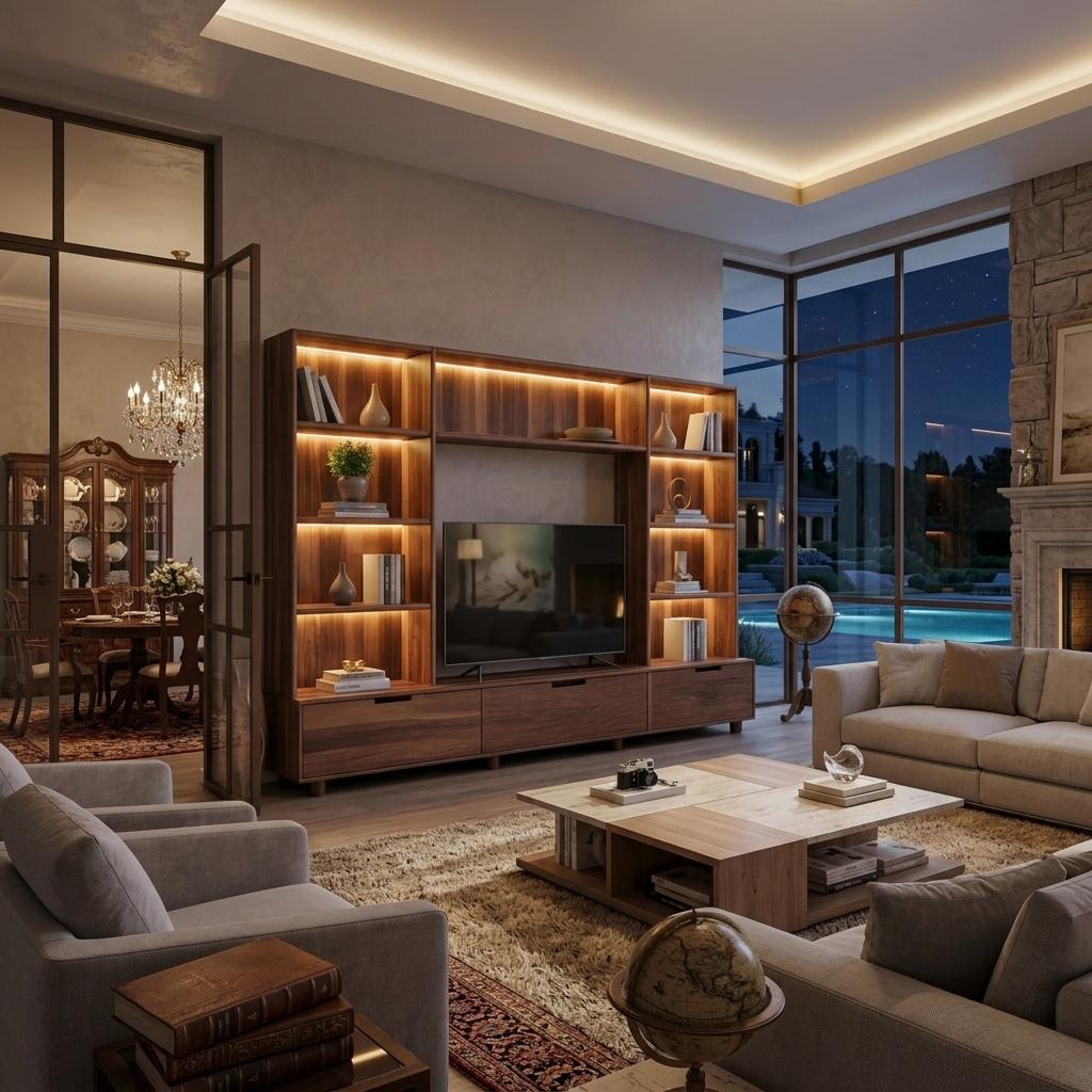 Large Entertainment Center With LED Lighting For Living Room