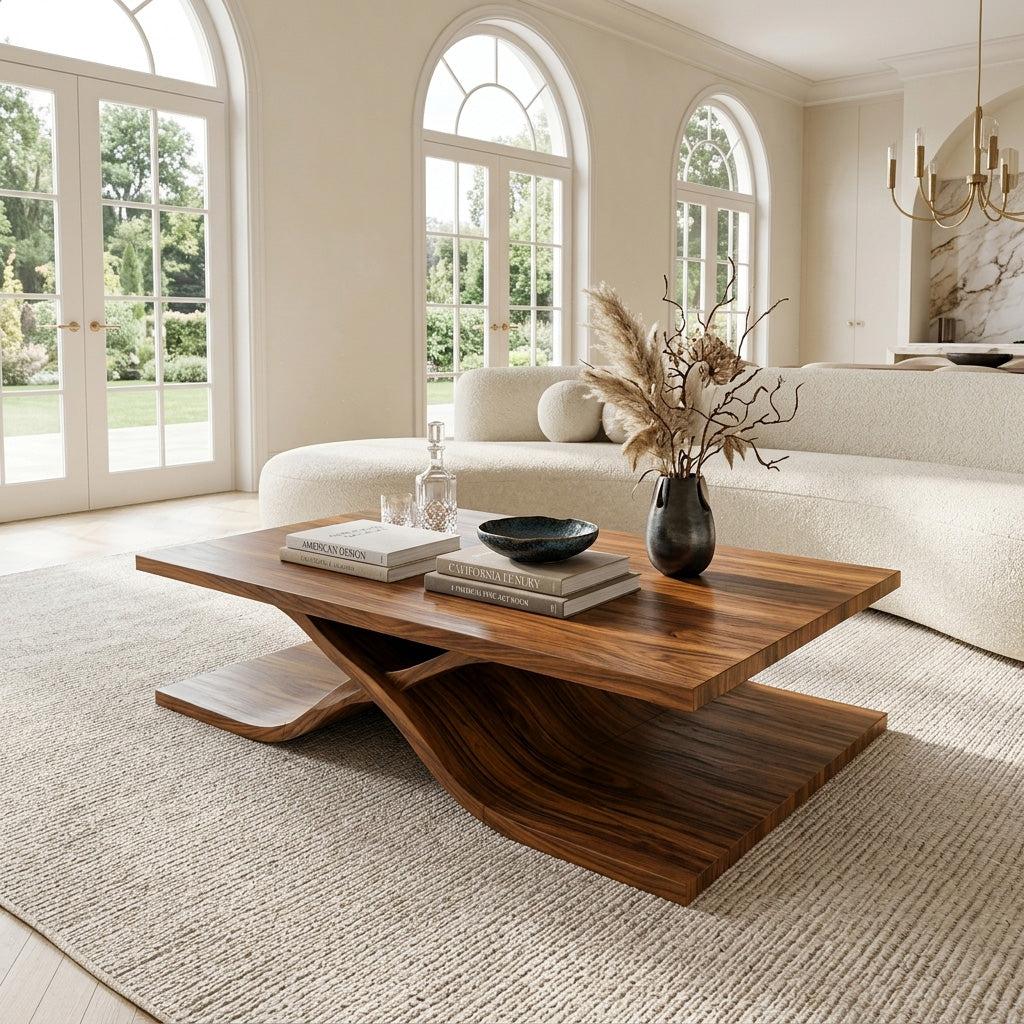 Spry Interior Modern Wooden Coffee Table, Curved Layered Tiered Design Center Table for Living Room, Model RTTHHNCF056