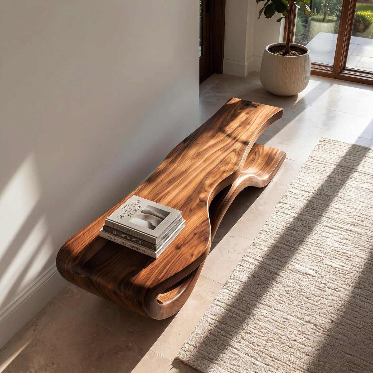 Modern Wave Base Wooden Bench For Entryway