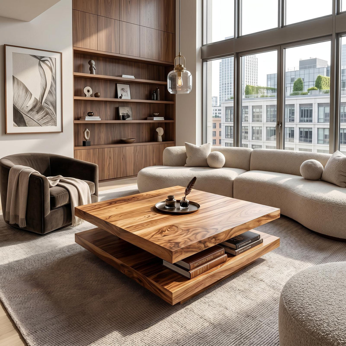Modern Rustic Wooden Live Edge Coffee Table, Handcrafted Solid Wood Center Cocktail Table with Metal Legs for Living Room