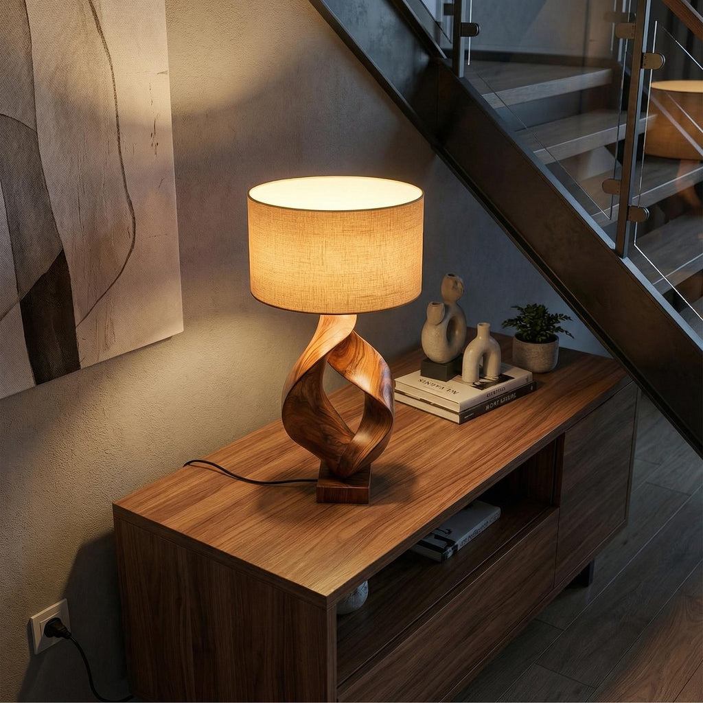 Rustic Sculptural Wood Table Lamp, Cozy Lodge Driftwood Style Accent Light for Living Room