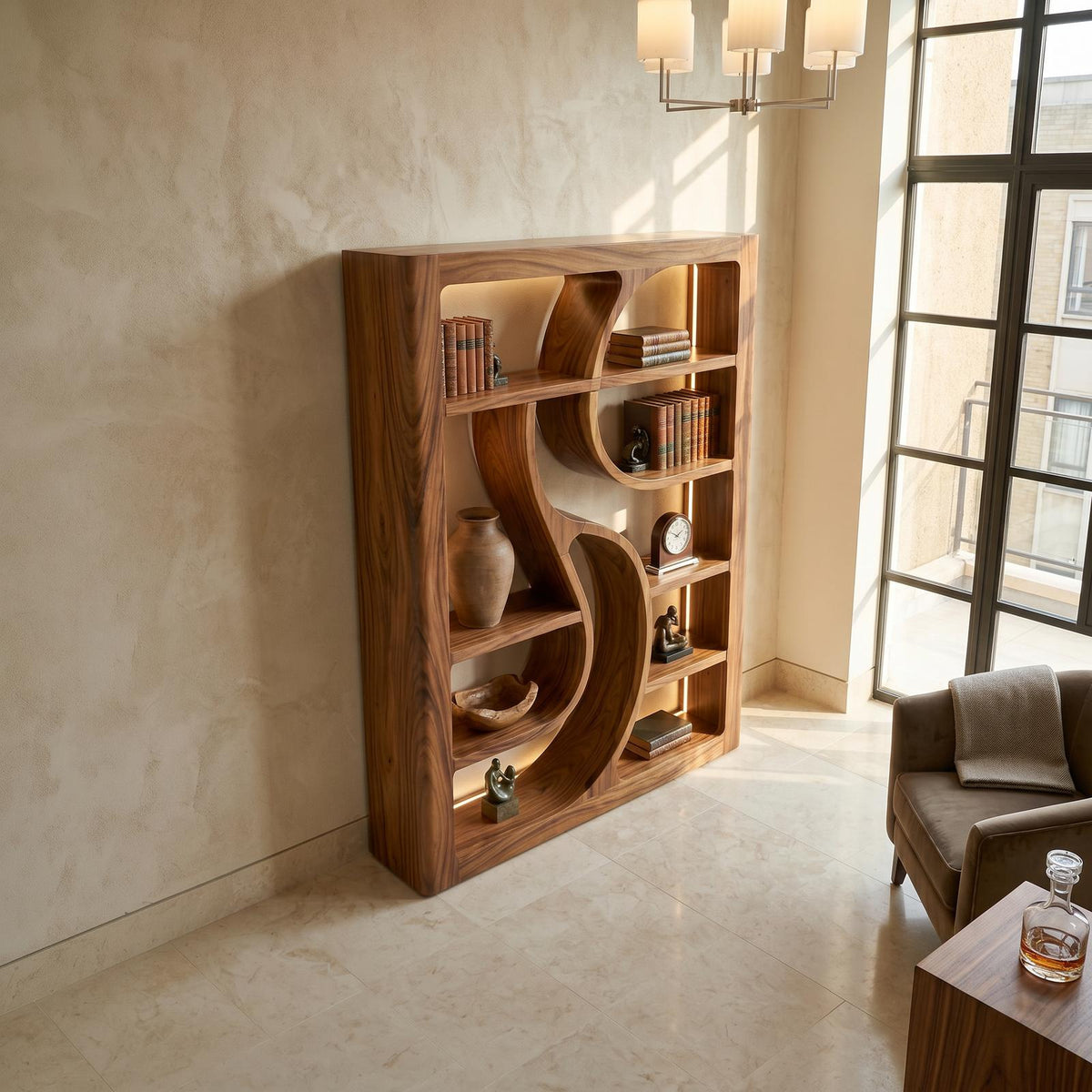 Luxury Wooden Bookshelf Featuring Ambient LED Shelving