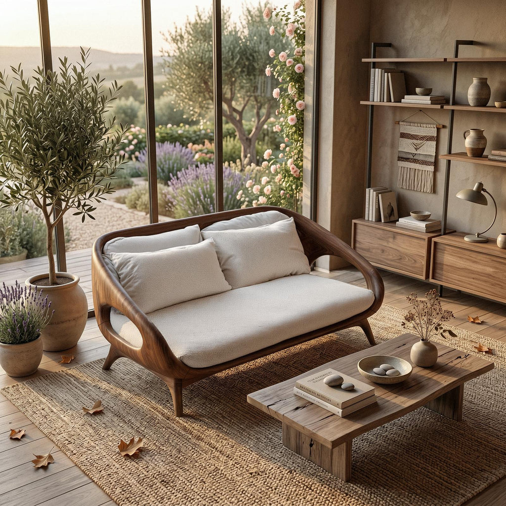 Artistic Wooden Sofa with Soft Organic Lines, Handcrafted Solid Wood Couch for Home Lounge & Living Room, Model