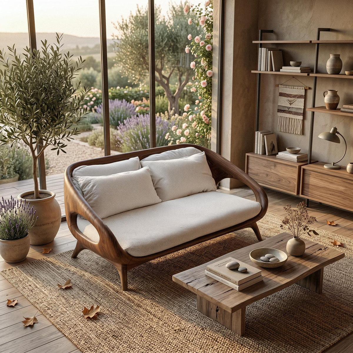 Artistic Wooden Sofa with Soft Organic Lines, Handcrafted Solid Wood Couch for Home Lounge & Living Room, Model