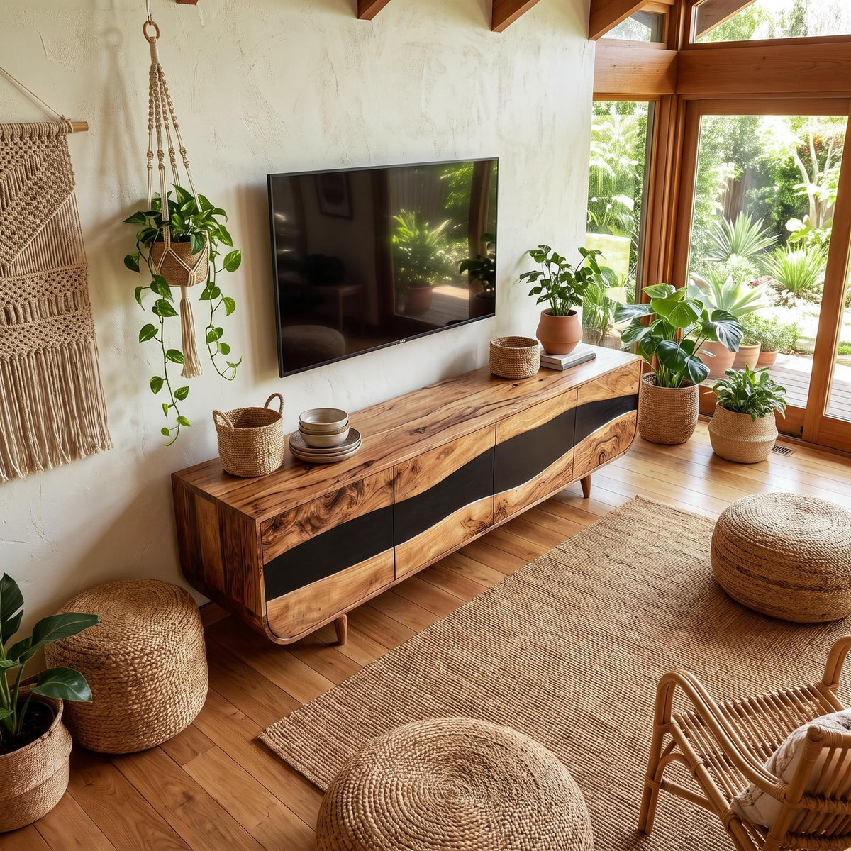 Handcrafted Wooden Live Edge TV Stand, Rustic Solid Wood Media Console & Entertainment Center