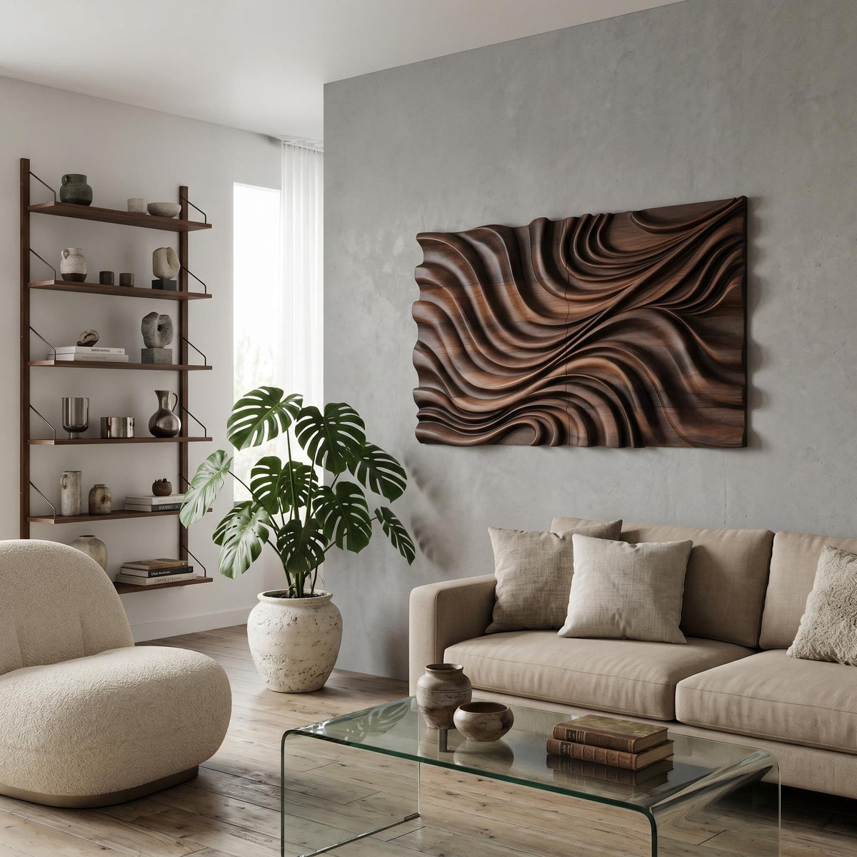Elegant Wave Wood Wall Art Sculpture, 3D Handcrafted Wooden Wall Panel Decor for Modern Living Room & Bedroom