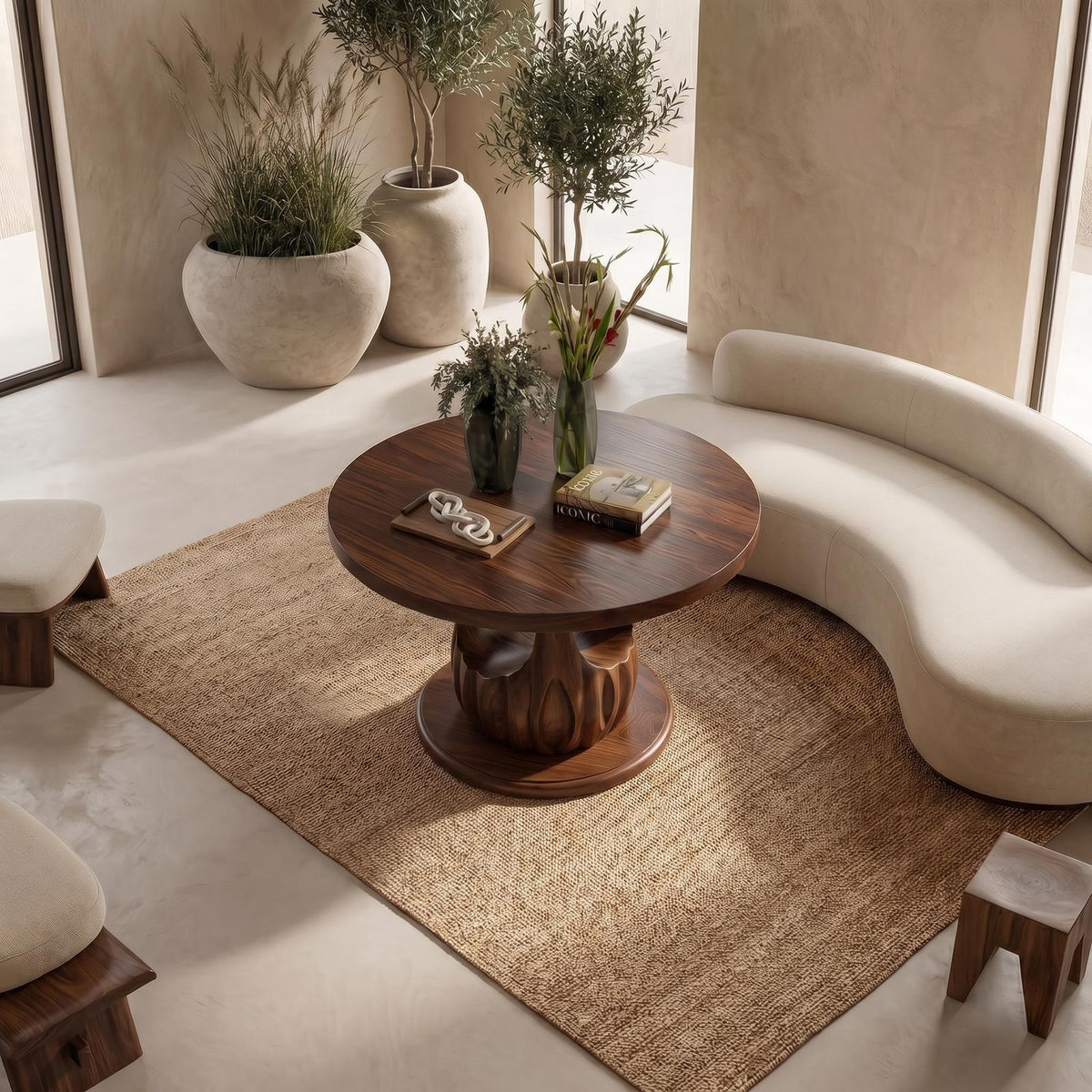 Modern Round Entryway Foyer Table, Solid Wood Unique Sculptural Base Accent Table for Hallway