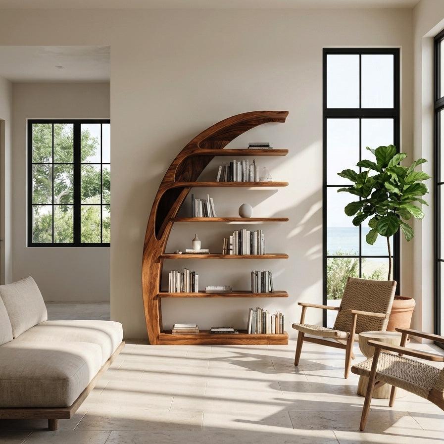 Minimal Curved Wooden Bookshelf, Handcrafted Solid Wood Bookcase for Modern Living Room Display & Office