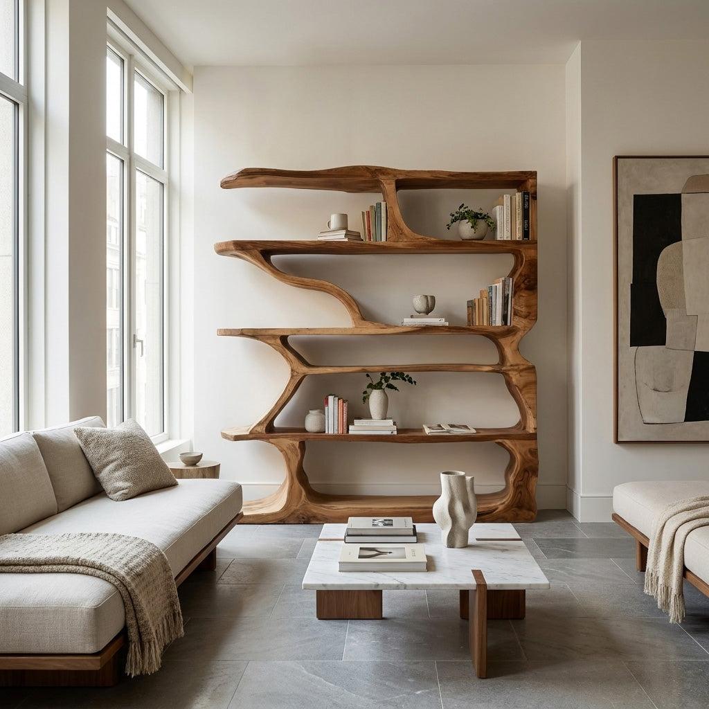 Contemporary Artistic Wooden Bookshelf, Handcrafted Solid Wood Bookcase with Open Shelves for Living Room Storage